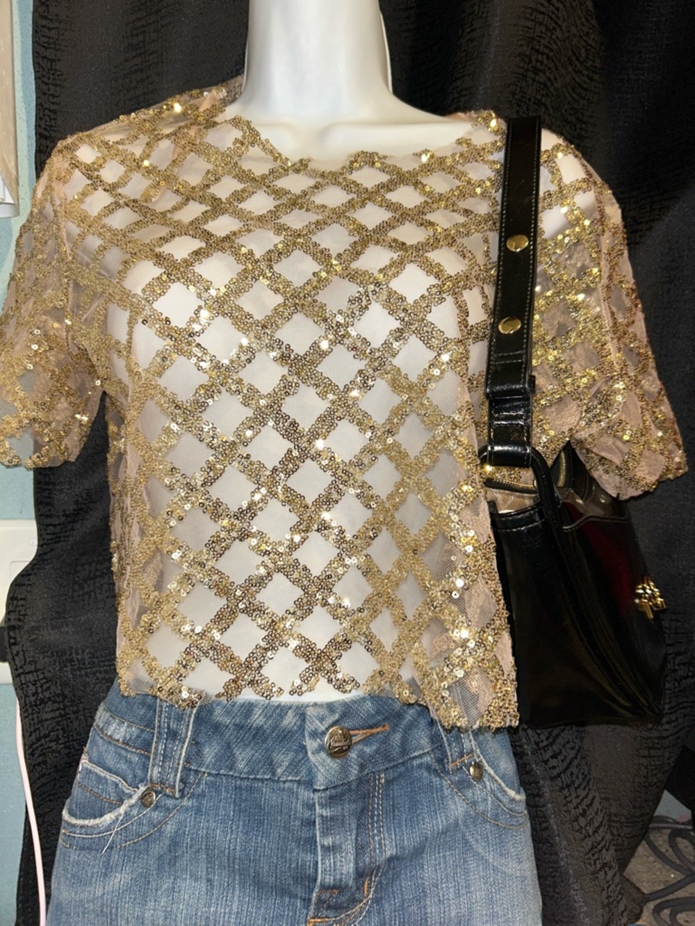 AKIRA Gold Sequin Lattice Short Sleeve Top